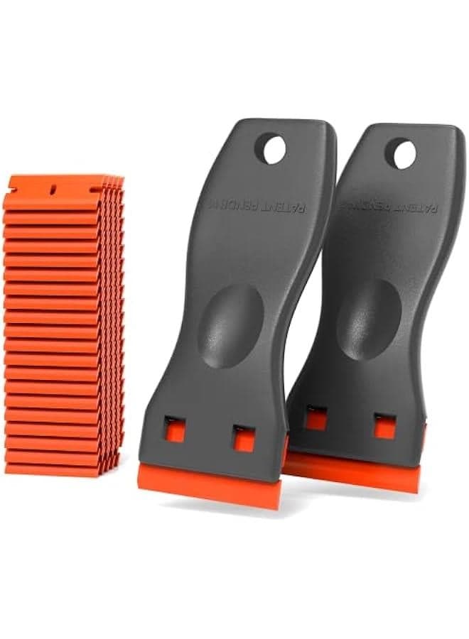 Plastic Razor Blades Scraper Tool - 2 Pack Wall Paint Remover with 100 PCS Blades Kit No Scratch Car Window Glass Wood Sticker Removal Floor Stove Kitchen Vinyl Adhesive Decal Tape Cleaning