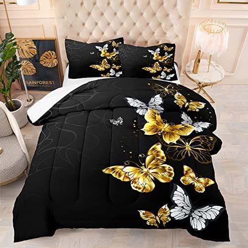NINENINE Black and Gold Bedding Set Twin Size for Girls Boys Women Butterfly Comforter White and Gold Butterflies Bed Sets1 Piece Comforter with Matching Pillowcase