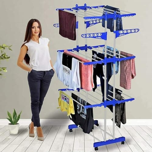 HOUZA Premium Stainless Steel 3-Layer Foldable Cloth Drying Stand | Indoor & Outdoor Use | Anti-Rust, Space-Saving Design with Lockable Wheels & Foldable Wings | Blue