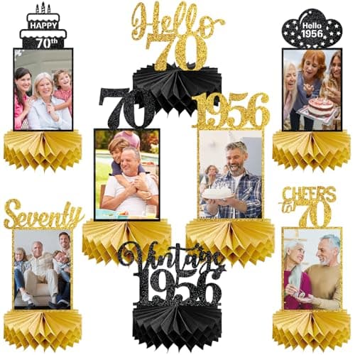 Eucutur 8Pcs 70th Birthday Decorations Honeycomb Centerpieces for Women Men Black Gold Vintage 1956 70th Bday Photo Table Centerpieces Party Supplies Glitter Cheers to 70 Year Old Bday Table Topper