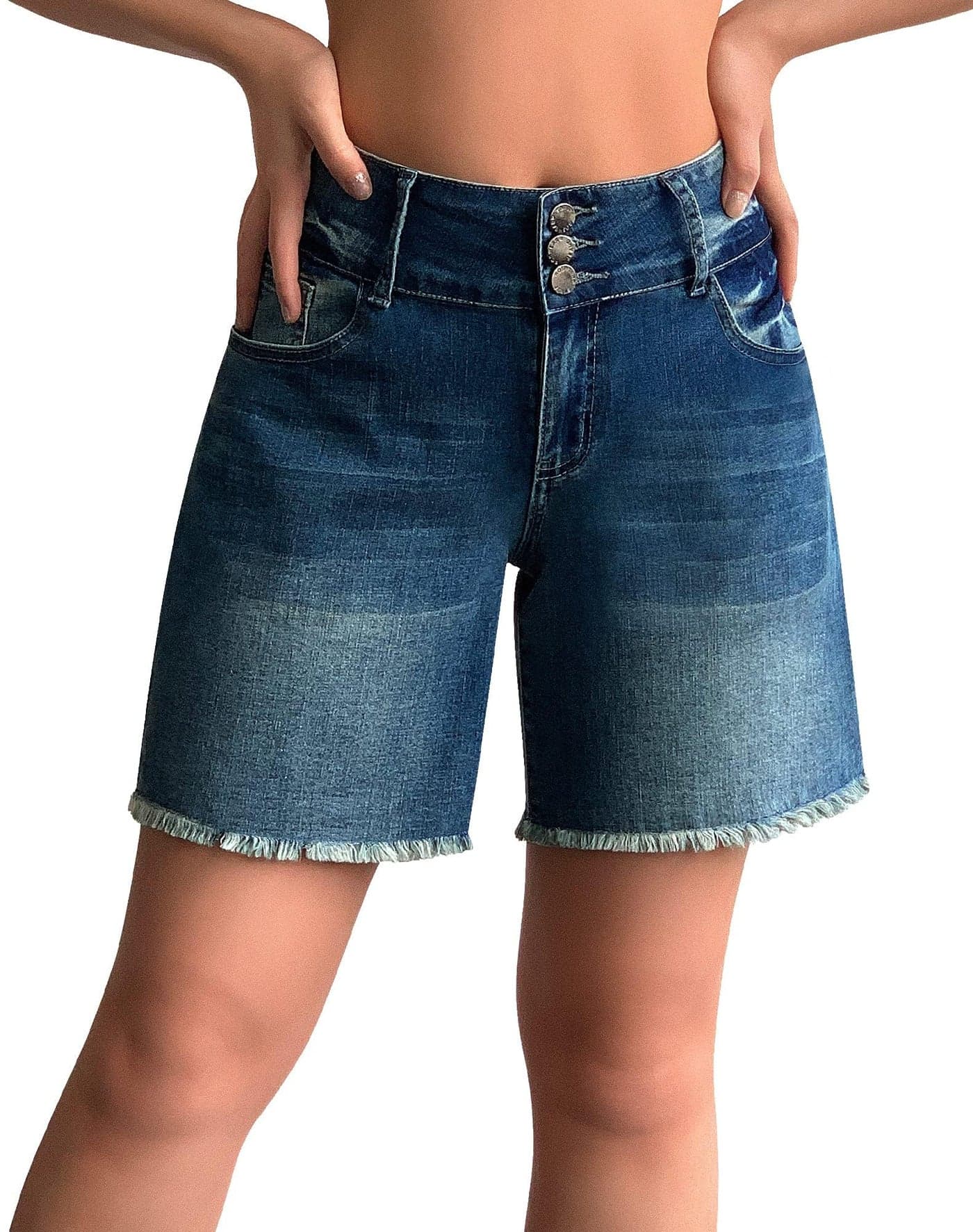 roswear Women's Stretchy Wide Leg High Waisted Frayed Hem Long Jean Shorts Blue Large