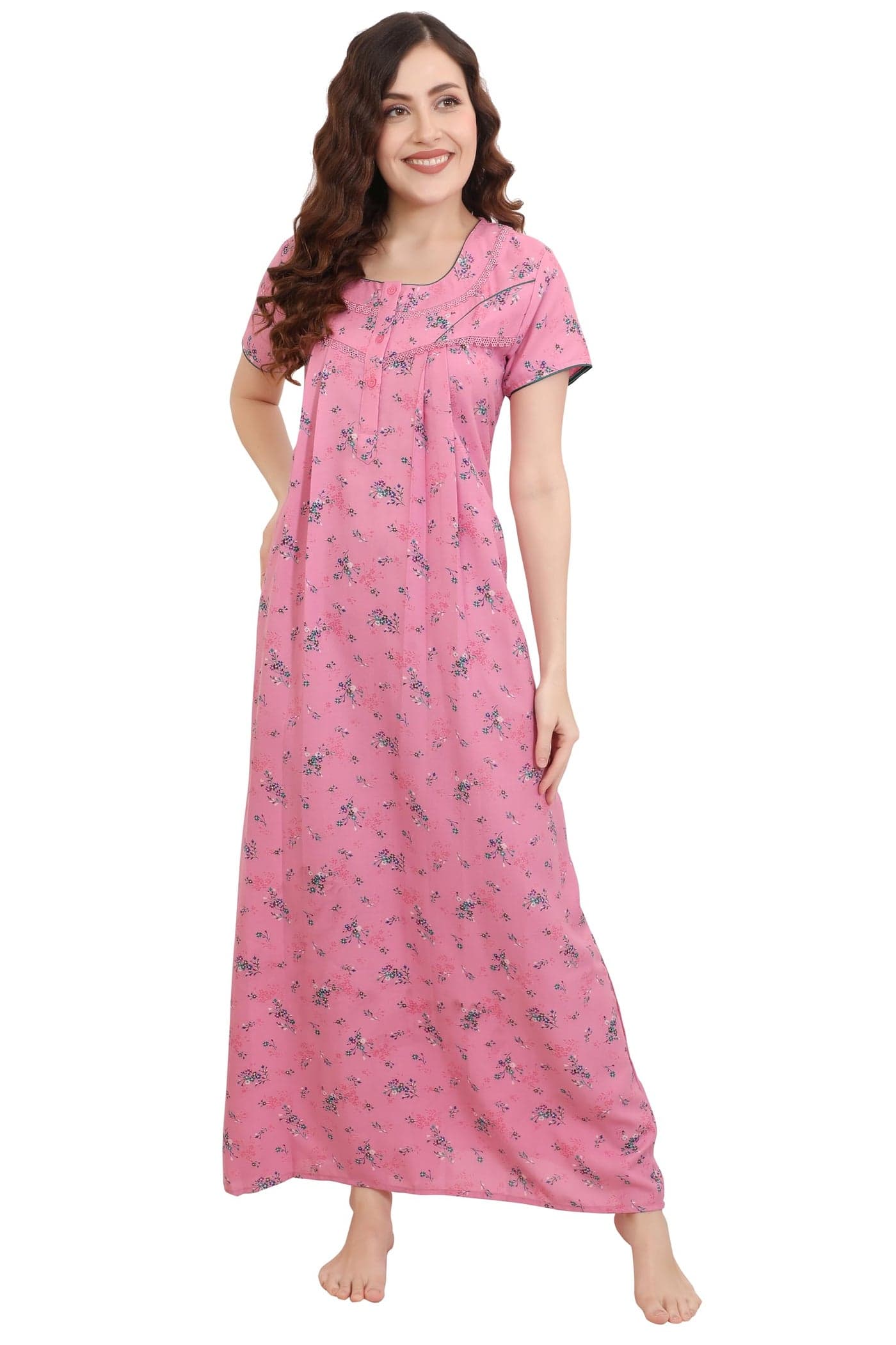 GLAMORAS Alfine Cotton Nighty Gown with Side Pocket for Women | Regular, Printed & Full Length Maxi Night Gown | Night Wear Nighties for Women | Pink Size: XL