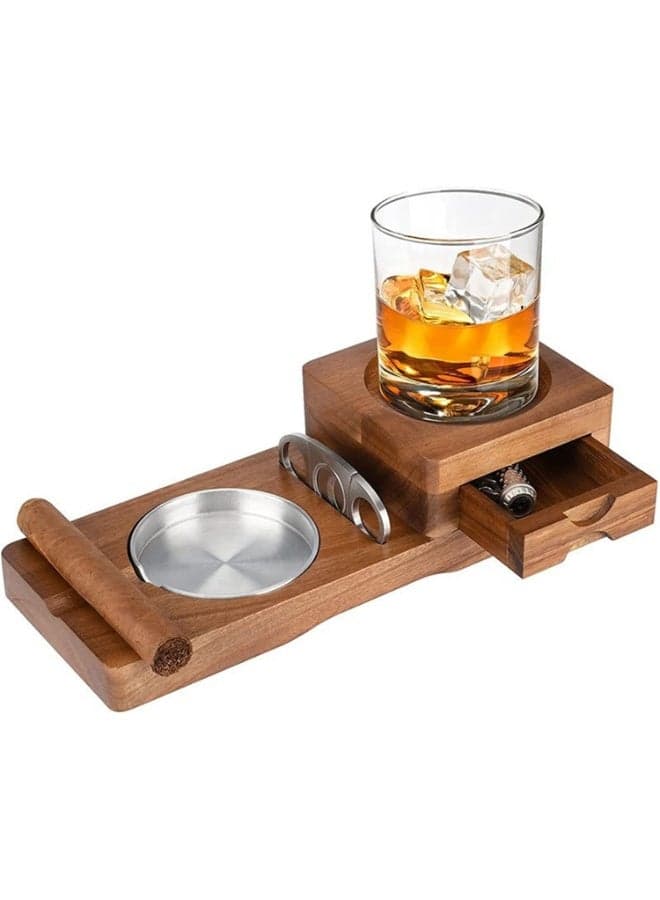 Wooden Ashtray with Whiskey Glass Coaster and Cigar Holder, Rustic Cigar Ashtray with Drawer for Accessories, Home Office Outdoor Cigar Accessories Gift for Men Dad Husband Father’s Day