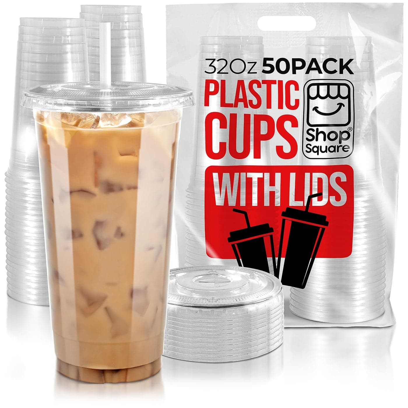 Shop Square 32 oz Plastic Cups with Lids 50 Pack Disposable Clear Cups for Iced Coffee Boba Milk Tea Smoothies and Fruit Shakes for Parties Cafes Restaurants