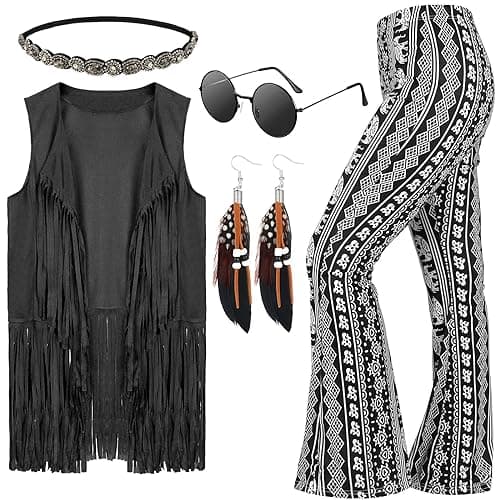 Leumoi 5 Pcs 60s 70s Costume for Women Disco Outfits Hippie Accessories Fringe Vest Boho Flared Pants Set for Halloween(Large,Classic)