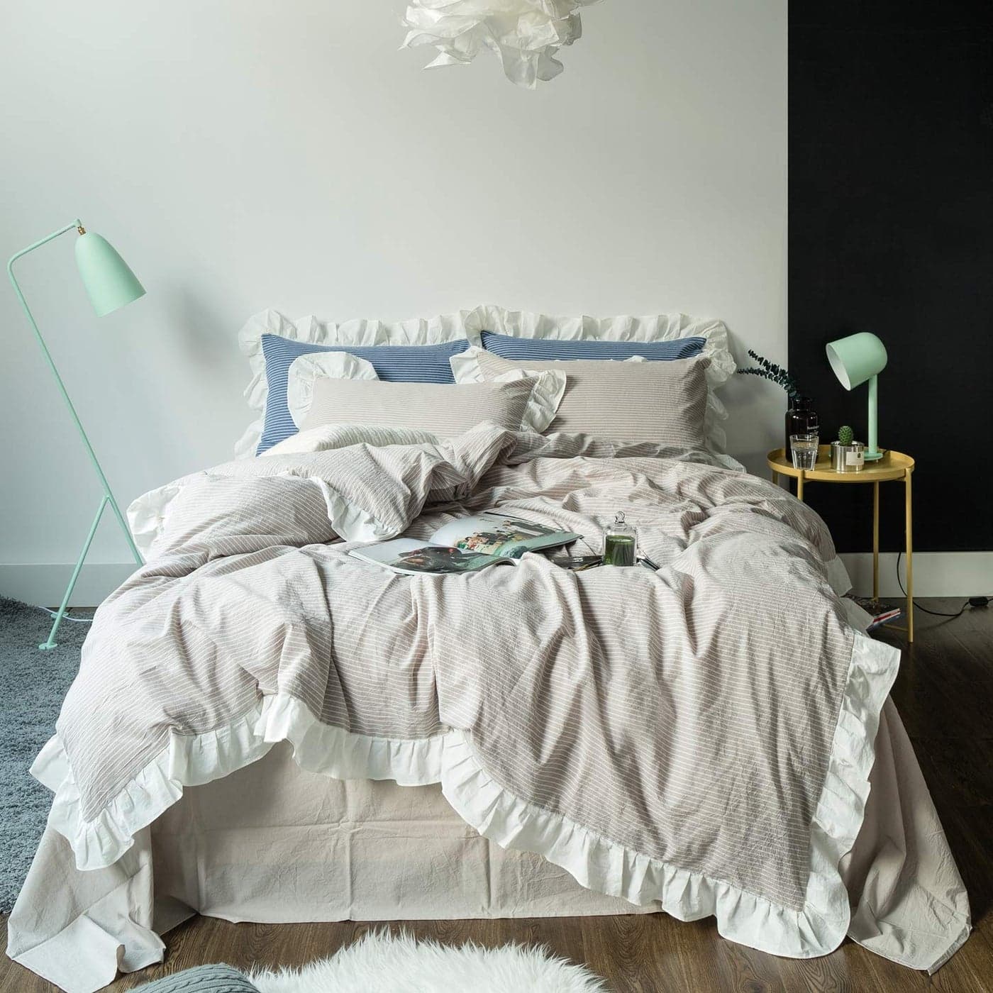 SUSYBAO Beige Farmhouse Duvet Cover Queen 100 Washed Cotton Soft Ruffle Duvet Cover Set 3 Pieces 1 Vintage Striped Duvet Cover with Zipper Ties 2 Pillowcases Luxury Rural Princess Bedding Set Durable