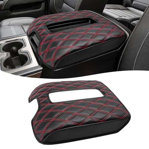 KBH Center Console Armrest Cover for Chevy Silverado & GMC Sierra 1500 2500 3500 2014-2018, Tahoe Suburban Yukon 2015-2020, Bucket Seat Console, Vinyl Leather, Black-Red Double Stitch