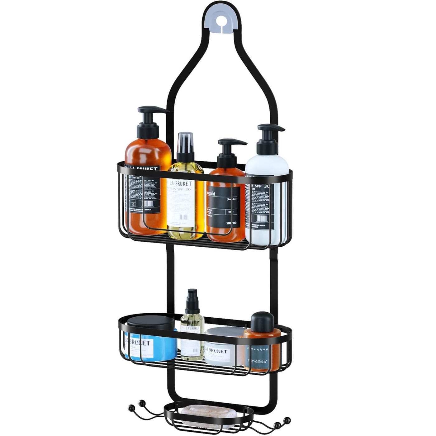 Kadolina Bathroom Hanging Shower Organizer Over Head Shower Caddy Shower Storage Rack Basket with Hooks for Razor and Sponge Rustproof Black Patented