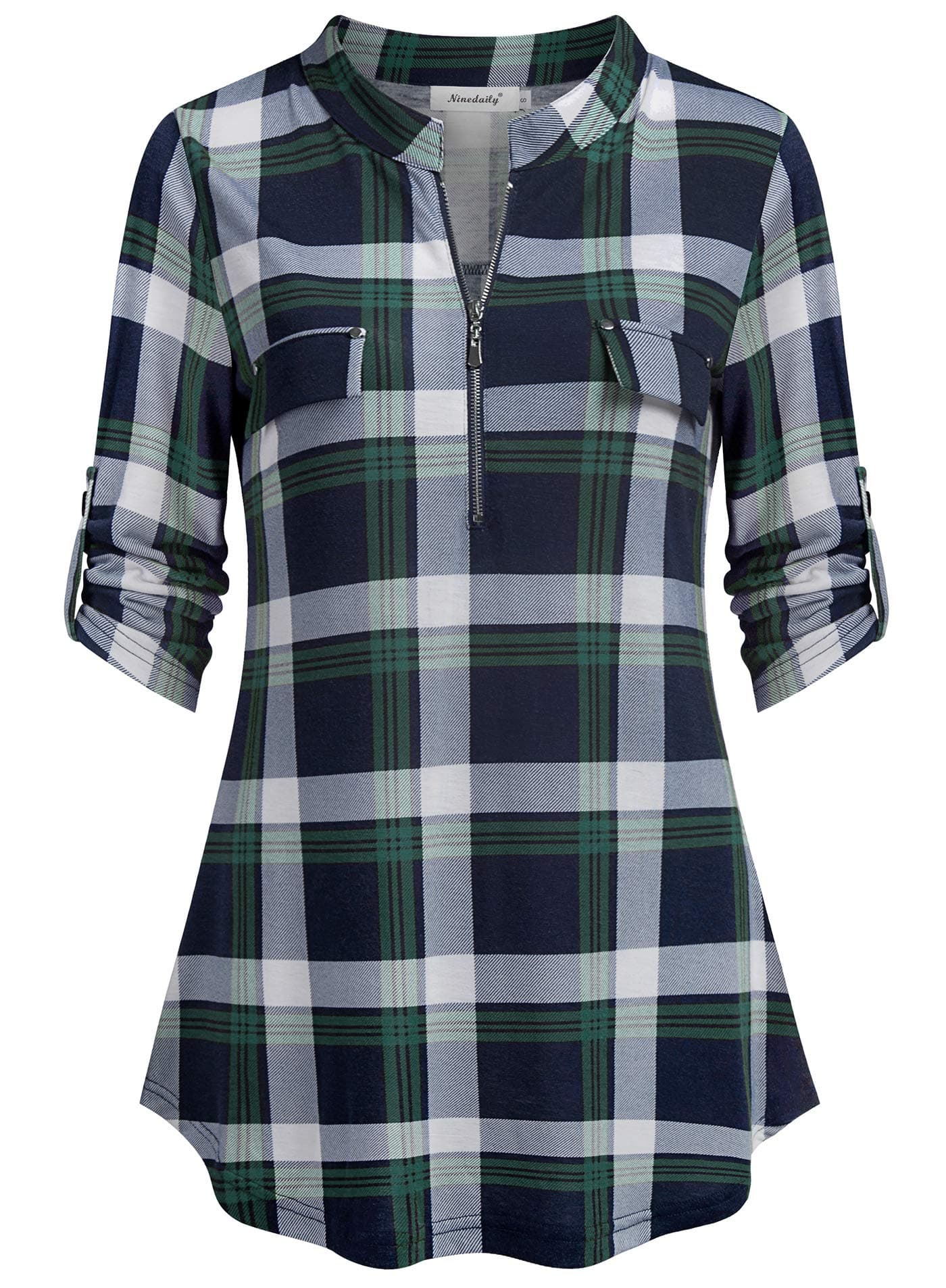 Ninedaily Henley Tunic Shirts for Women, Plaid Blouse Turn Down Collar Lightweight Pleated Zipper Trim Stay at Home Mock Neck Gorgeous Cute Pretty Color Block Womens Tops,Navy Green,2XL