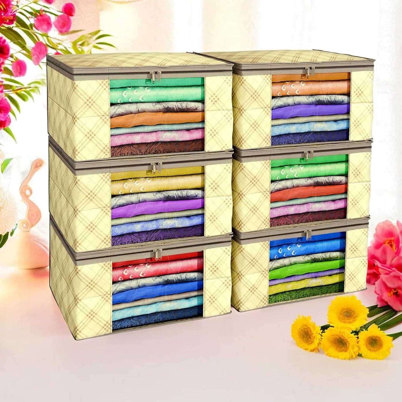 Kuber Industries Pack of 6 Saree Covers Foldable Storage Bag for Almirah Wardrobe NonWoven Saree Bags 9 Inch Clothes Bag for Women Check Print Sari Cover Bags Cream