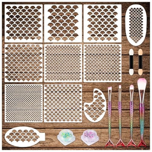 Mermaid Scale Stencil Kit11Pcs Reusable Mermaid Face Makeup Templates and 4 Pcs Makeup Brushes 2 Bottles Glitter Women Girls Body Art Face Painting Wall Accessories