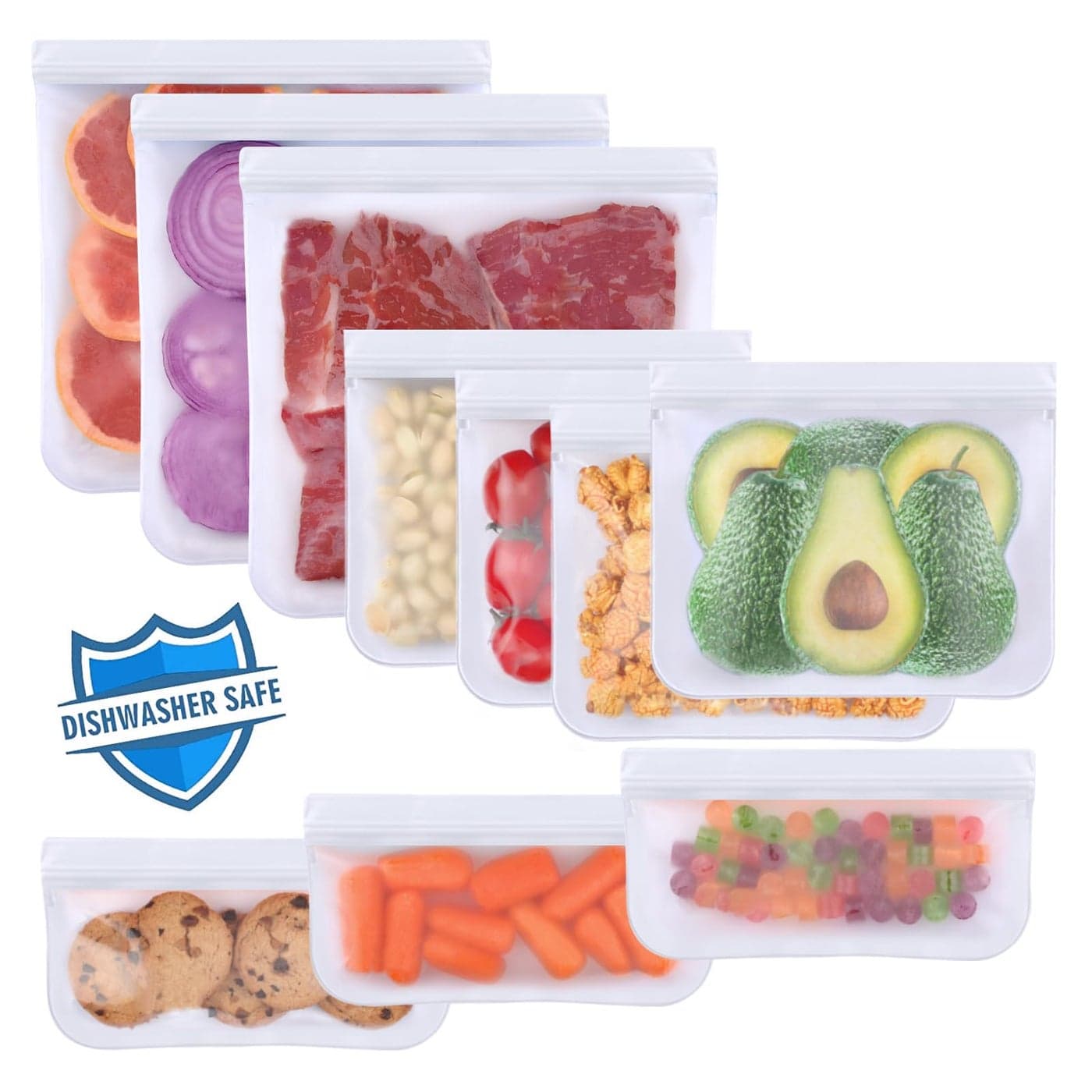 Lerine 10 Pack Dishwasher Safe Reusable Bags Leakproof Reusable Freezer Bags BPA Free Food Storage Bags for Lunch Marinate Food TravelWhite 3 Gallon 4 Sandwich 3 Snack Bags