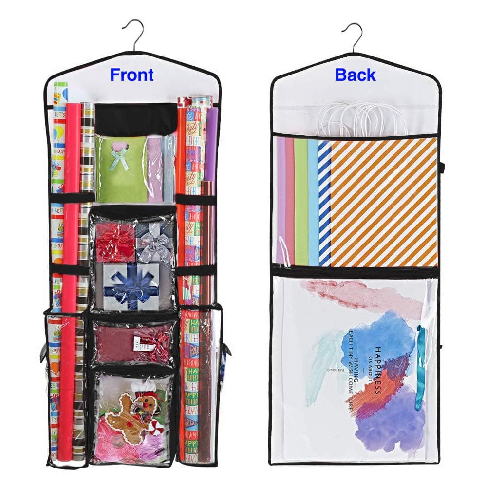 ProPik Hanging DoubleSided Gift Wrap Organizer Wrapping Paper Storage with Multiple Front and Back Pockets Organize Your Gift Bags Bows Ribbons 40X17 Fits 40 Inch Rolls Black seam