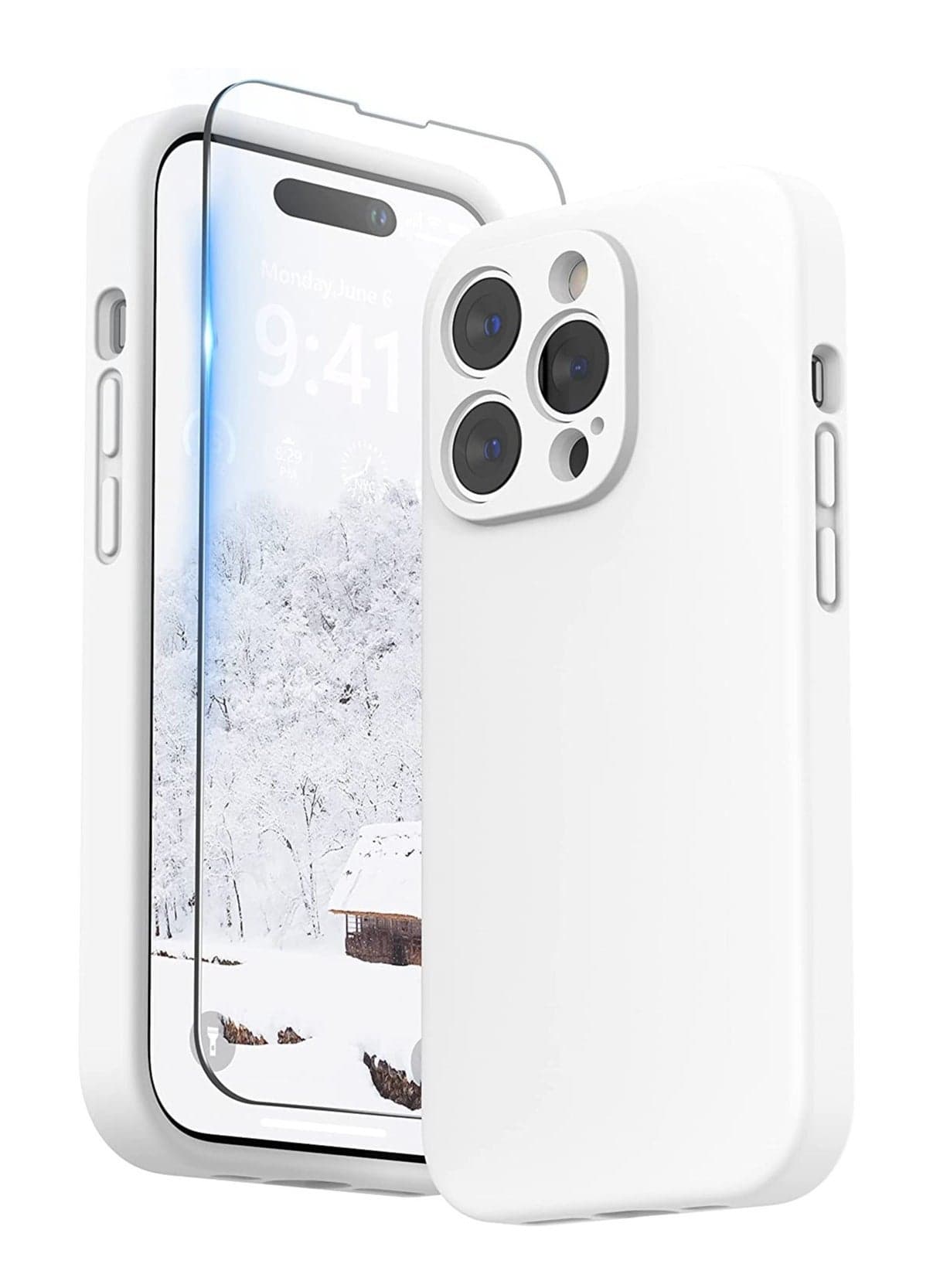 iPhone 14 Pro Max Case with Screen Protector, (with Camera Protection + Soft Microfiber Lining) Liquid Silicone Phone Case, White