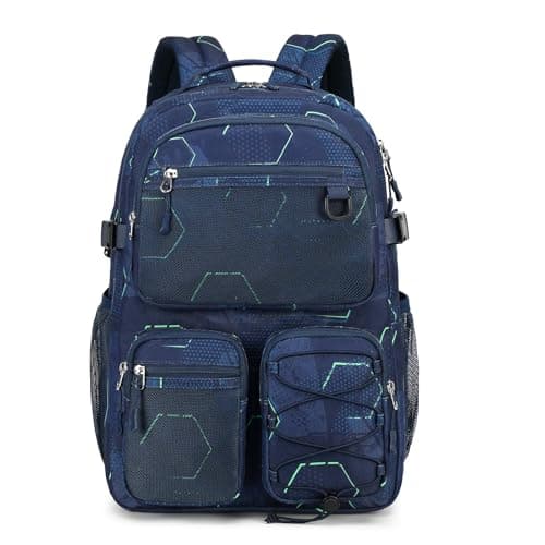 Lohol Multi-Pocket Backpack for School College Travel, Heavy Duty Big Bookbag with 15.6 inch Laptop Compartment (Navy Geometry