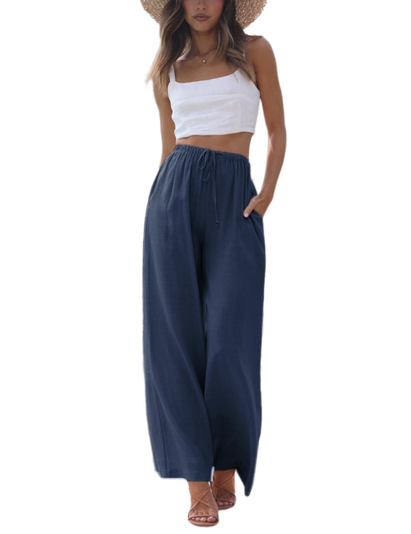 Faleave Women's Cotton Linen Summer Palazzo Pants Flowy Wide Leg Beach Trousers with Pockets(Navy-L)