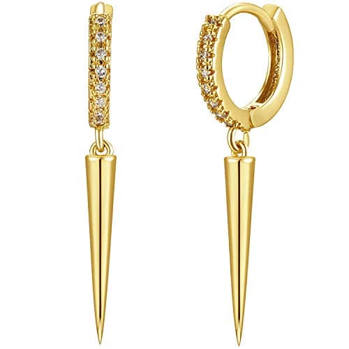 Mevecco Gold Dainty Dangle Hoop Earrings for Women 14K Gold Plated Delicate cute Geometric Triangle Cone Dangle Earrings (tiny awl)