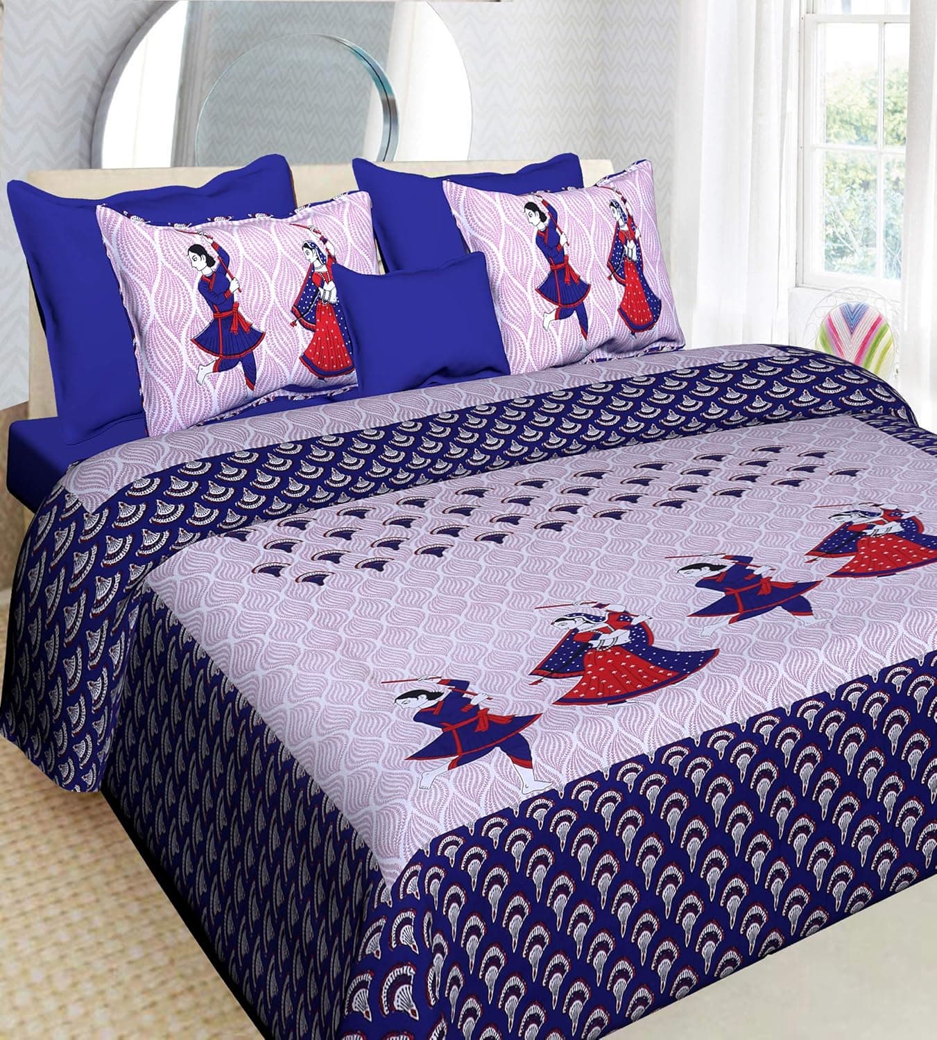 UNIBLISS Cotton Comfort 144 TC Floral Rajasthani Jaipuri Traditional 1 Double Size Bed Bedsheet with 2 Pillow Covers Blue 099