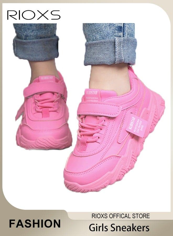 Toddler Girls Chunky Sneakers, Breathable Lightweight Running Shoes for Kids Girls, Waterproof Leather Upper Sports Shoes, Easy to Wipe, Fashion Athletic Casual Shoes Walking Shoes for School, Playing, Jogging, Casual Wear, Pink