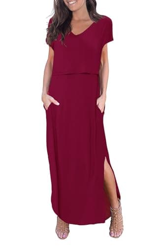 Smallshow Women's Maternity Nursing Dresses Split Long Dress for Breastfeeding Medium Burgundy
