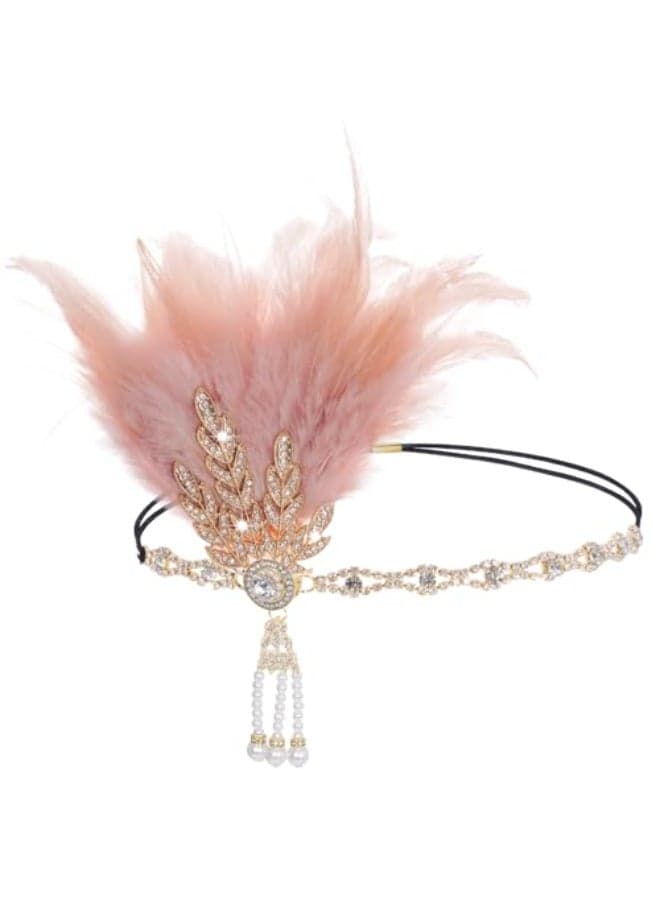 Tongcloud 1920s Flapper Feather Headband Roaring 20s Gatsby Headpiece Womens 1920s Headband Flapper Feather Headpiece Pink