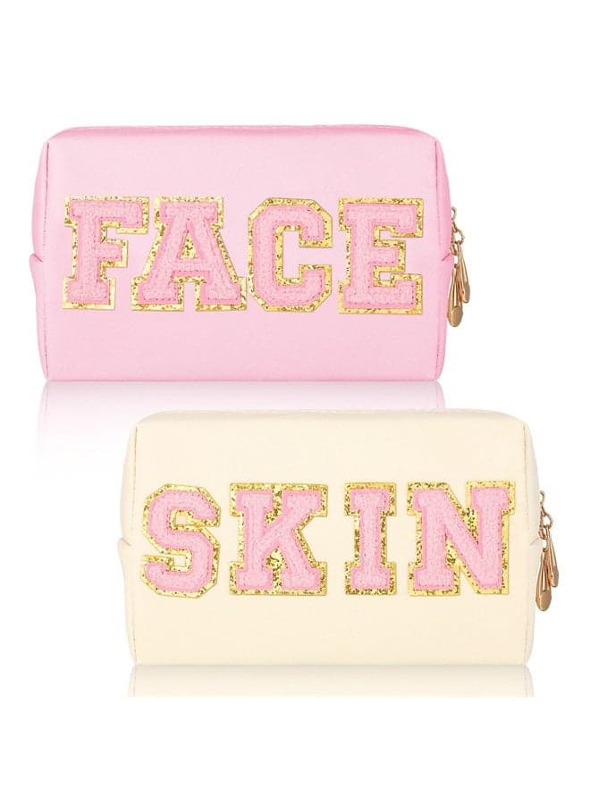 2 Pcs Preppy Patch Makeup Bag Waterproof Chenille Letter Cosmetic Bag Portable Toiletry Bag Zipper Pouch Travel Organizer for Women Girls (PU Leather, Fresh Style)