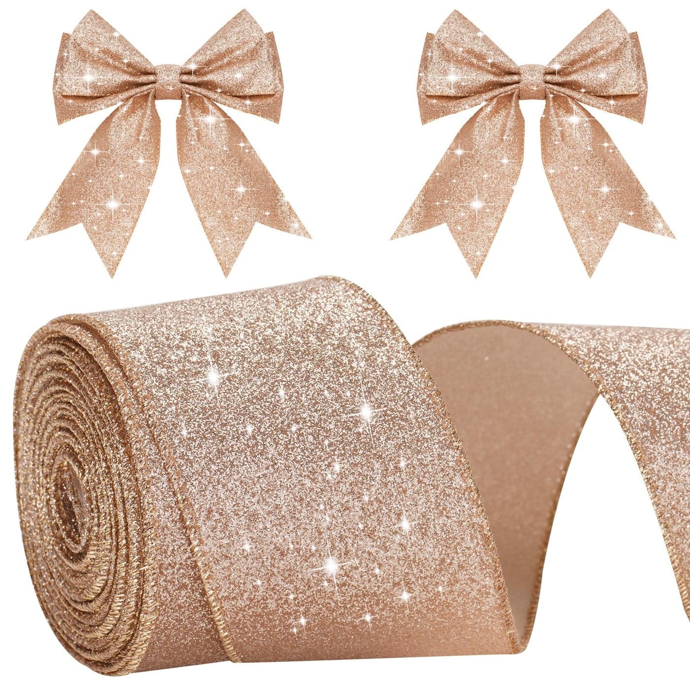 KINGLAKE Rose Gold Wired Glitter Christmas Ribbon 6cm Metallic Wrapping Ribbon for Gift Wrapping Wreaths Crafts Christmas Tree Wedding Decorations