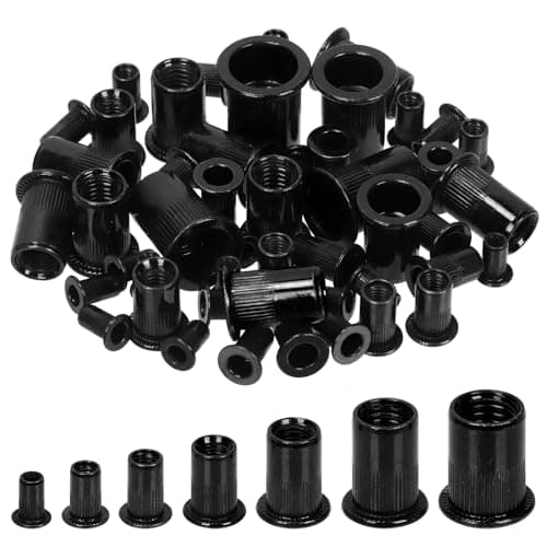 Glarks 320Pcs Metric Rivet Nuts Kit M3 M4 M5 M6 M8 M10 M12 Rivet Nuts Black Zinc Plated Carbon Steel Flat Head Rivnut Threaded Insert Rivet Nuts Assortment Set