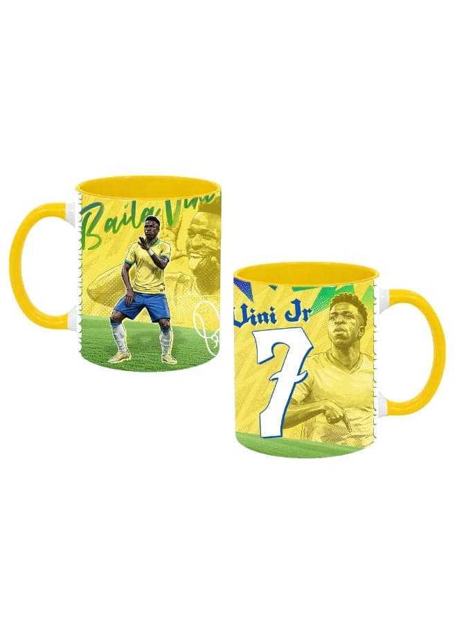 Brazil Football Player Mug | 11 Oz Ceramic Coffee Mug | Soccer Theme Cup | Sports Print Design | Home Office Use (Vini Jr)