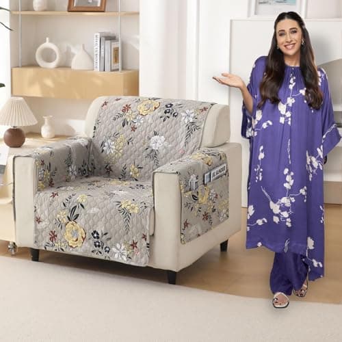 HOKIPO 'VivaCasa Series' Polyester 1 Seater Quilted Sofa Cover with Pockets, Floral Ash Grey (NEW-IN-737-D3)