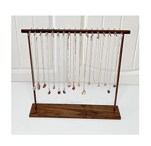 Walnut Wood Necklace Organizer Stand Large Capacity 17 DoubleSided Brass Pegs Solid Walnut Polished Brass Dressing Table Jewelry Display for Necklace Collection Scandinavian Design