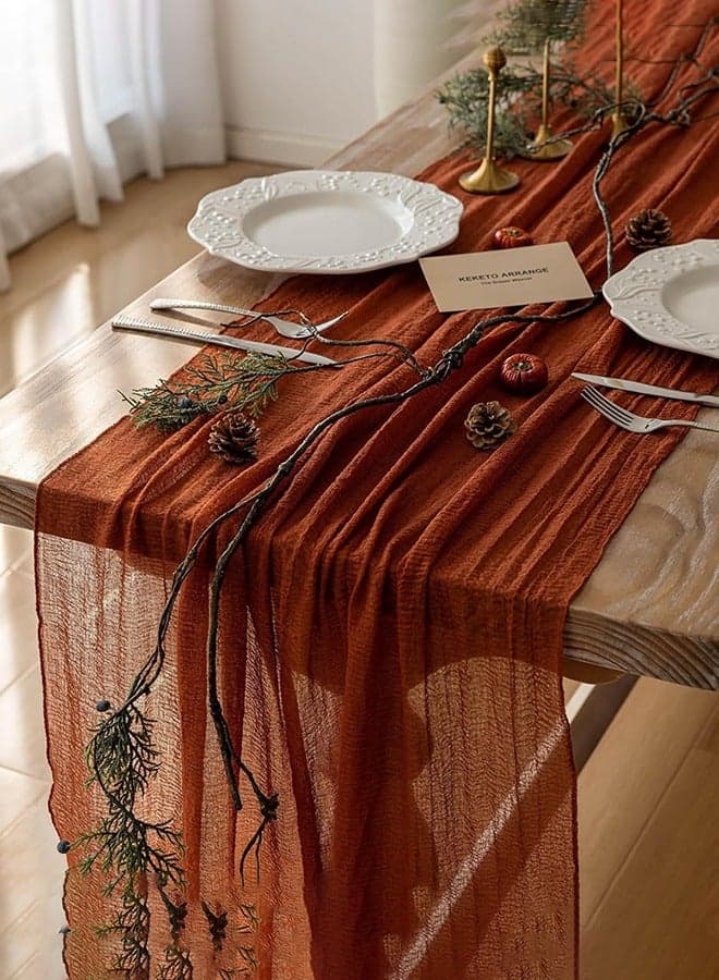 Fall Table Runner Cheesecloth Runner Terracotta Gauze 120 Inch 10 FT Rustic Burnt Orange Cheese Cloth for Wedding Baby Bridal Shower Friendsgiving Party Sheer Home Decorations