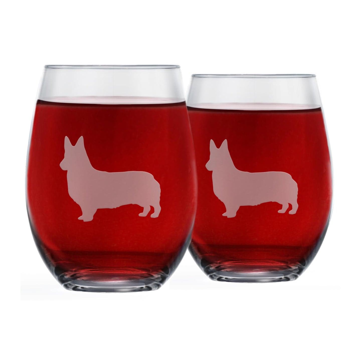 Corgi Stemless Wine Glasses Set of 2 Unique Gift for Dog Lovers Hand Etched with Breed Name on Bottom