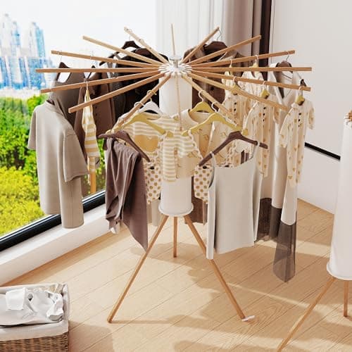 LIENAHU Clothes Drying Rack Tripod,Drying Rack Clothing,Laundry Drying Rack,Floor Standing,16 Wooden Poles,Collapsible Drying Racks for Laundry,Retractable,Foldable,Folding