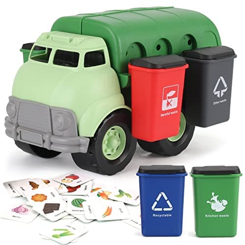 Liberty Imports Big Plastic Garbage Truck Toy Waste Management Recycling Green Dump Vehicle with 4 Trash Cans and Recycle Sorting Cards for Little Kids Toddlers