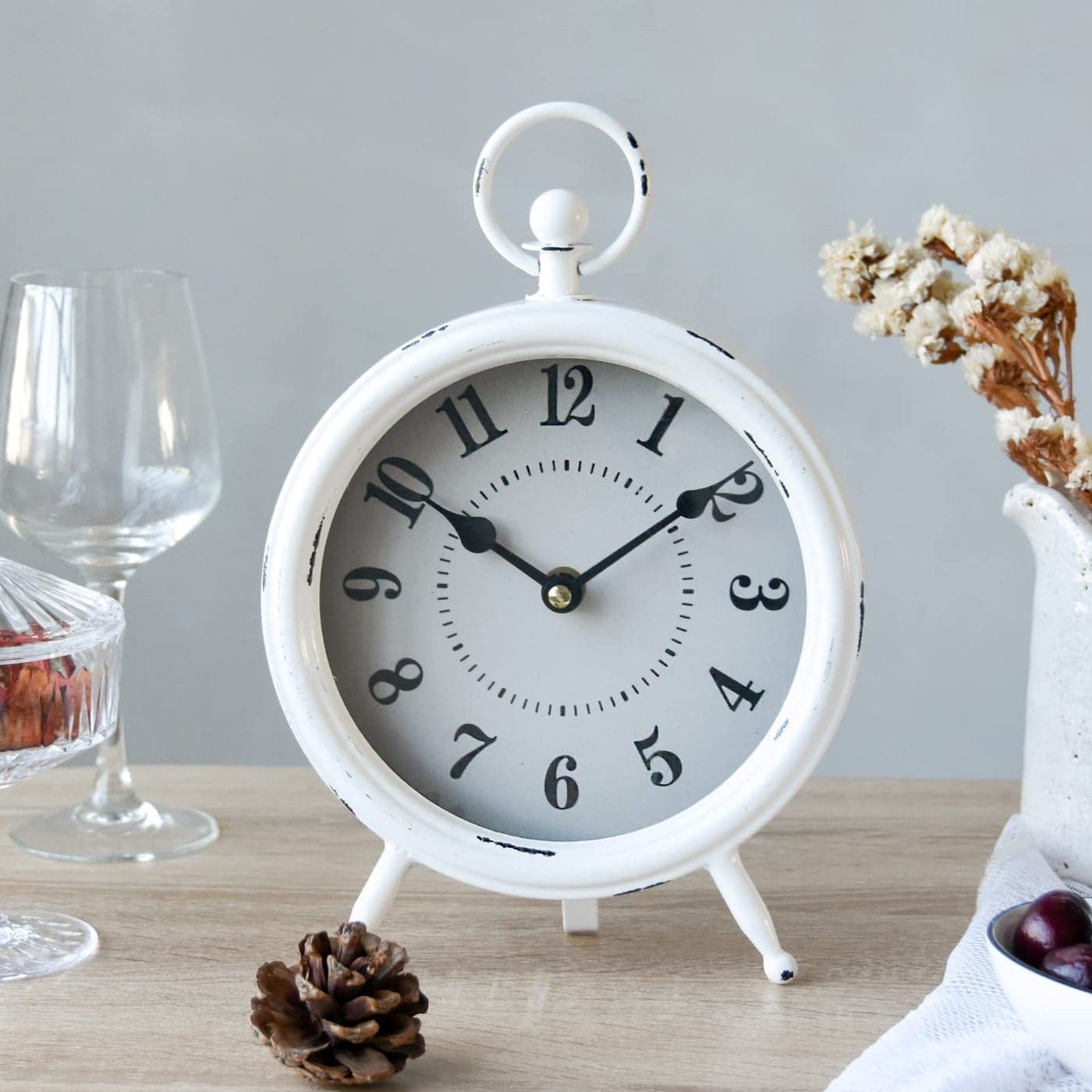 EMAX HOME Vintage Rustic White Table Clock on Stand Decorative Desk Shelf Clock Rustic Mantel Farmhouse NonTicking