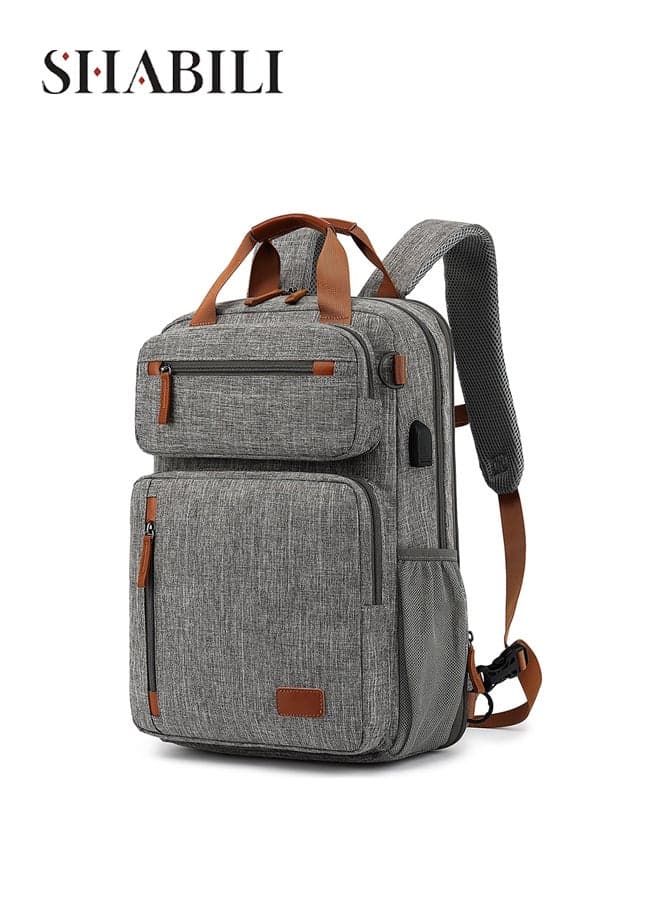 Men's Multi-Compartment Expandable Nylon Backpack, Shoulder Bag, Back Bag, Laptop Bag, Tourist Bag with USB Port and Hideable Straps for Students, Office Workers, Travelers and Commuting Use (Grey)