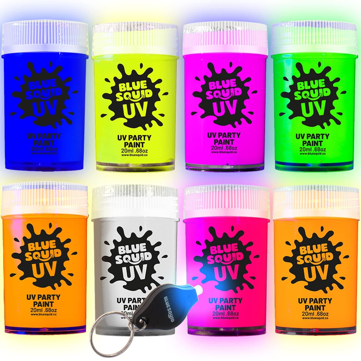 Blue Squid UV Body Paint Glow in the Dark Body Paint Neon Face Paint for Glow Party Accessories Safe NonToxic Black Light Glow Makeup for Adults Kids Multicolor 8 x Pots with Mini UV Light