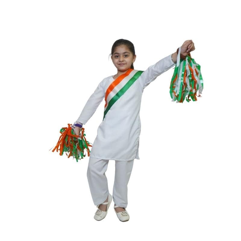 Kaku Fancy Dresses White Salwar Kameez Tricolor Stole And Pom Pom Patriotic Fancy Dress For Kids School Functions - White/Tri, 10-12 Years, Girl