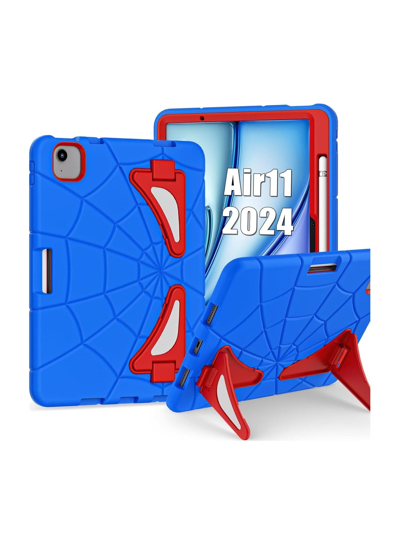 Kids Case for iPad Air 11-inch M2 (2024) with Pencil Holder, Durable Shockproof Rugged Protective Stand Kids Case for iPad Air 6th Generation 11 Inch Case M2 2024 (Blue/red)