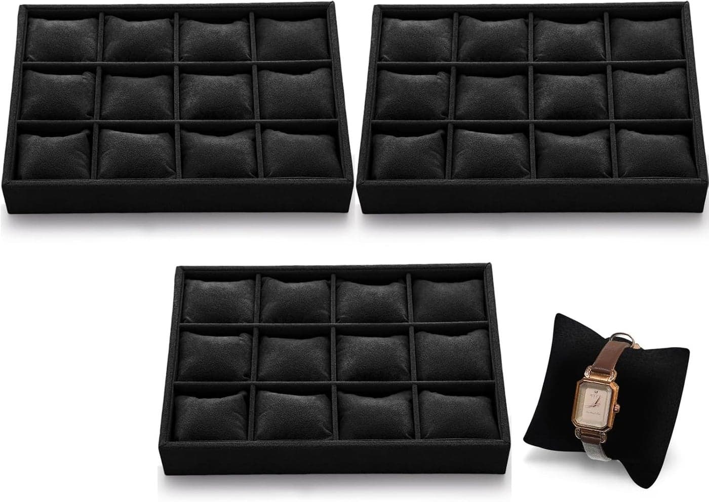 Sureio 36 Slots Grid Watch Drawer Organizer Bracelet Pillows for Jewelry Display Watch Tray Holder for Women Girls GiftsBlack