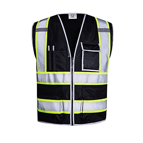 SKSAFETY 10 Pockets Safety Vest, Class 2 High Visibility Security with Zipper, Hi Vis Vest with Reflective Strips, ANSI/ISEA Standard, Construction Work Vest for Men & Women (Black, XL)