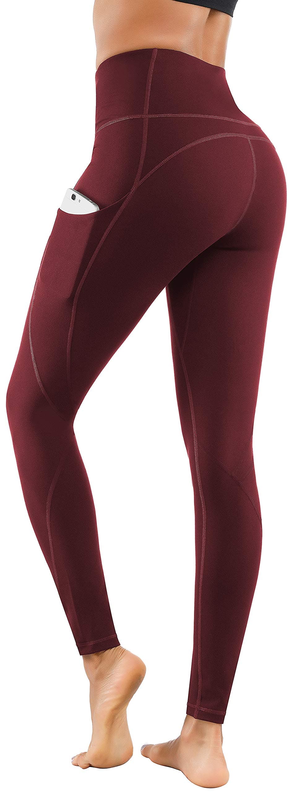 Lingswallow High Waist Yoga Pants - Yoga Pants with Pockets Tummy Control, 4 Ways Stretch Workout Running Yoga Leggings (Bordeaux red, Large)