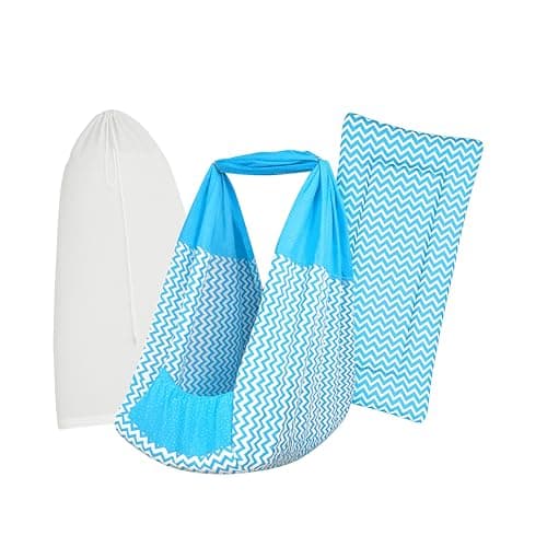 beetot Baby Cradle Set Swing/Jhula (Thottil Cloth, Palna, Dolna) | Hanging Cradle Cloth with Removable Bed and Mosquito Net | Up to 15 kg | CRA-Blue Stripe