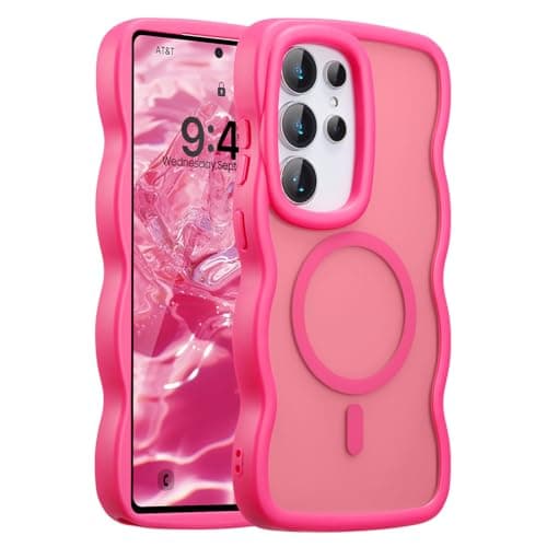 UEEBAI Magnetic for Samsung Galaxy S25 Ultra Case, Compatible with MagSafe, Transparent Clear Wave Frame Design Soft Edge Cover Matte Shockproof Phone Case- Hot Pink