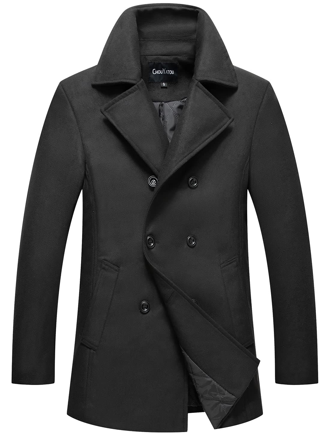 chouyatou Mens Classic Notched Collar Double Breasted Wool Blend Pea Coat XXLarge Black