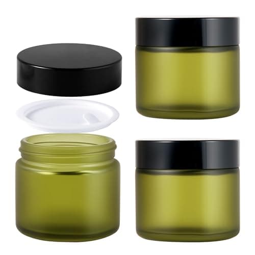 2oz Jars with Lids HOA Kinh 3 Pack Frosted Green Glass Jars with Lids Empty Cosmetic Containers Round Airtight Glass Jar with Black Lid for Storing Lotions Powders Ointments