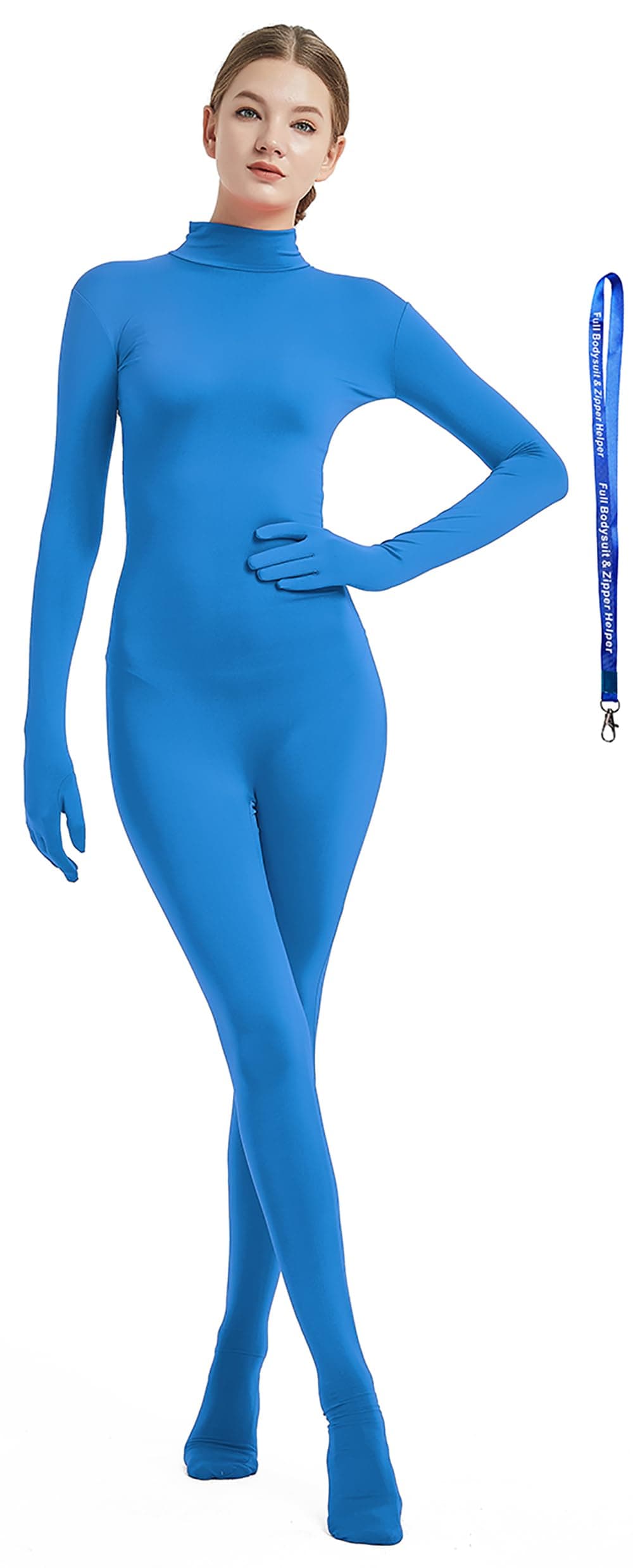 Full Bodysuit With Zipper Helper Womens Costume Without Hood Spandex Stretch Zentai Unitard Body Suit (Large, Light Blue)