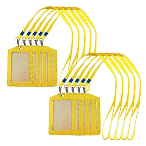 yueton 10pcs Vertical Style Leather Business ID Badge Card Holder, Name Card Business Card Holder Tag with Long Neck Strap Band Lanyard (Yellow)