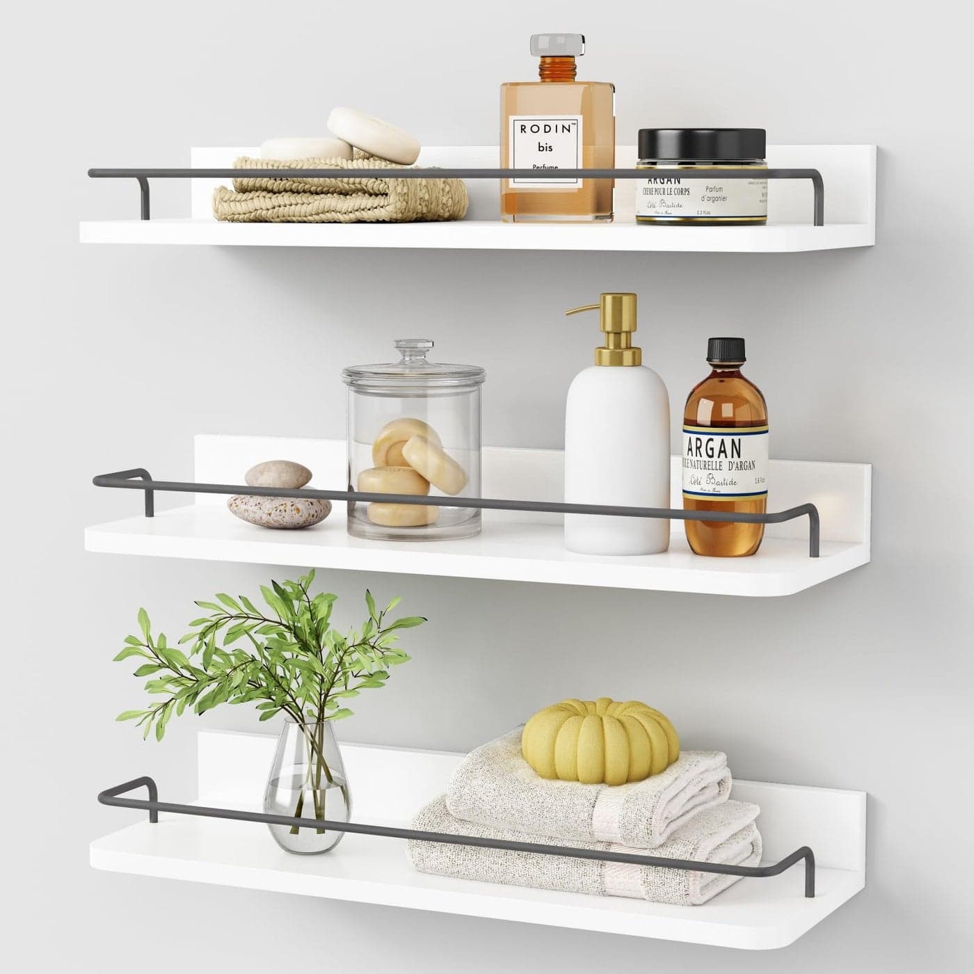 Forbena White Floating Shelves Bathroom Shelves Over Toilet Set of 3 Bathroom Organizers and Storage Shelves Wall Mounted Modern Wood Corner Wall Shelf for Bedroom Closet White and Dark Grey